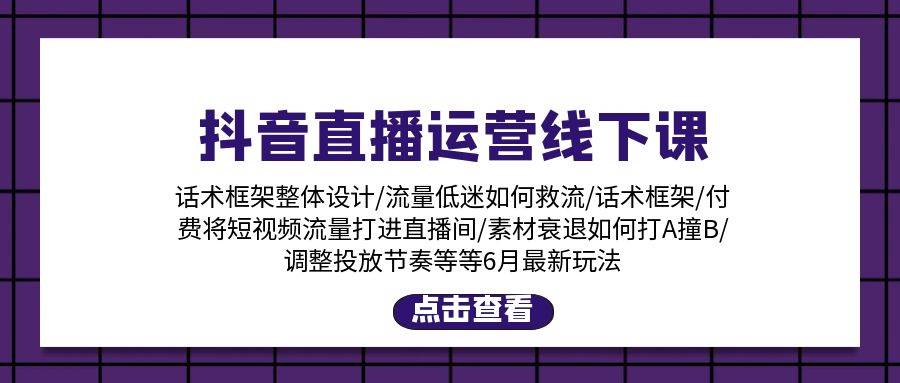 抖音直播运营线下课：话术框架/付费流量直播间/素材A撞B/等6月新玩法-聚英社副业网