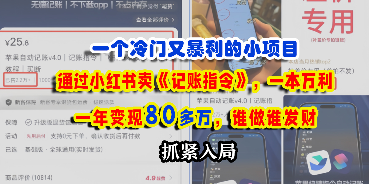 一个冷门又暴利的小项目，通过小红书卖《记账指令》，一本万利，一年变现80多万，谁做谁发财-聚英社副业网